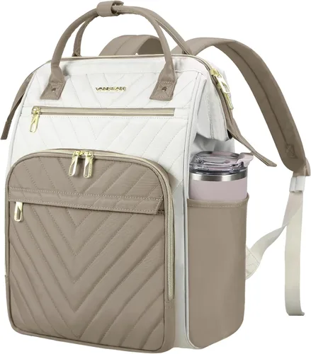 Miniatura 11 de VANKEAN Mochila para portátil de 17 pulgadas para mujeres y hombres, bolsa de trabajo de computadora de moda, Beige-café, 15,6 pulg., Moda