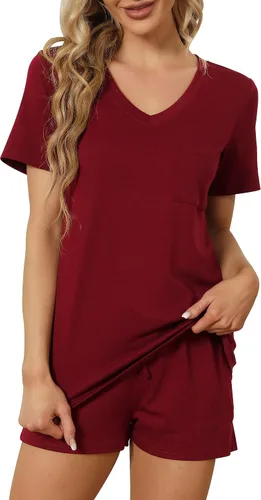 Miniatura 3 de Conjunto de pijama de manga corta para mujer con bolsillos, cuello en V, 2 piezas, tallas S-3XL