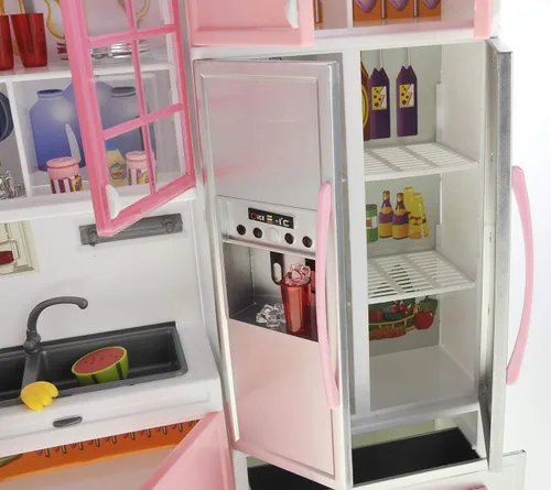 Miniatura 7 de PowerTRC Juego de juguetes de cocina para muñecas, mini juguete moderno rosa, muebles de cocina, juego de accesorios con luz y sonido realistas