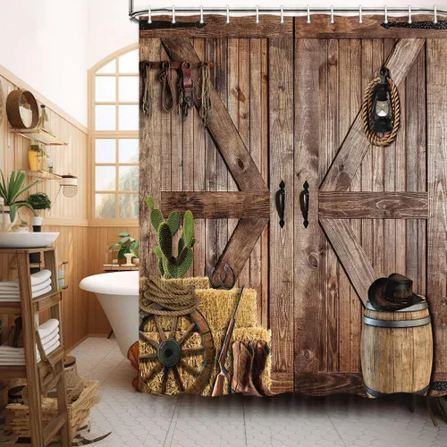 Miniatura 14 de Cortina de ducha de puerta de granero de madera rústica, 60 x 70 pulgadas, beige