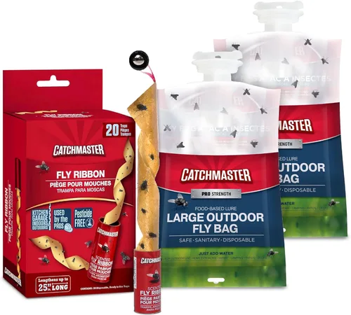 Catchmaster Paquete de 20 trampas para moscas, bolsa para moscas y cinta para moscas, trampas para moscas de frutas para interiores y exteriores,