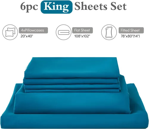 Miniatura 7 de ILAVANDE Juego de Sábanas King Size Verde Azulado de 6 Piezas, Sábanas de Cama King de Microfibra Serie 1800 Súper Suaves de Lujo Hotelero