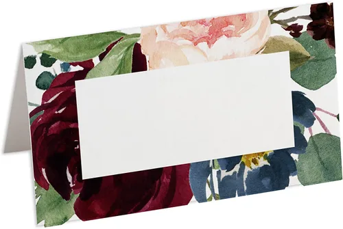 Tarjetas de lugar florales burdeos, paquete de 100, tarjetas de asientos de boda, tarjetas de acompañantes, 2.5 x 3 pulgadas, puntuadas y listas