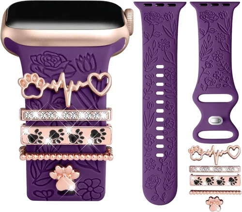Miniatura 13 de DaQin Banda con Flor Grabada Compatible con Apple Watch, Bandas de 44mm, 42mm, 45mm, 46mm para Mujeres, Correa de Silicona Suave con Decoración
