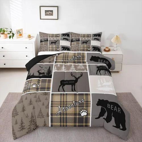 Miniatura 78 de Juego de edredón de oso y ciervo, tamaño individual, ropa de cama de animales salvajes de caza, colcha rústica de cabaña, casa de campo, cuadros