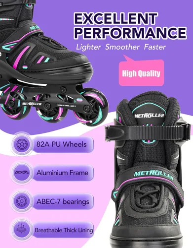Miniatura 6 de METROLLER Patines en línea ajustables para niñas y niños con ruedas iluminadas, patines en línea para niños y jóvenes, cuchillas divertidas