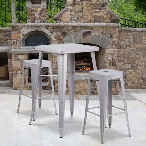 Miniatura 6 de EMMA + OLIVER Comercial 23.75SQ Negro Metal Indoor-Outdoor Bar Table Set-2 Taburetes Sin Respaldo