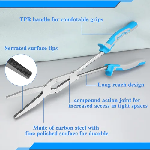 Miniatura 2 de SPEEDWOX Alicates de doble articulación de 13 pulgadas, mordaza dentada, doble pivote de largo alcance, acción compuesta, punta plana, alicates