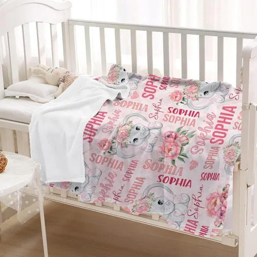 Miniatura 2 de Manta personalizada de elefante para bebés, manta de franela rosa personalizada con nombre para niñas y niños, mantas suaves para sofá y cama