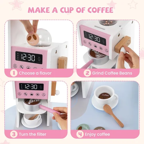 Miniatura 3 de HONEY JOY Cocina de Jugar de Rincón, Juego de Cocina de Madera para Niños Pequeños con Luces, Cafetera, Microondas, Fregadero, Grifo, Juego