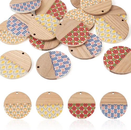 Miniatura 11 de Beadthoven - Dijes de madera de resina para bricolaje, colgantes de aretes de lágrima multicolor, triángulo, círculo redondo, rombo, barra