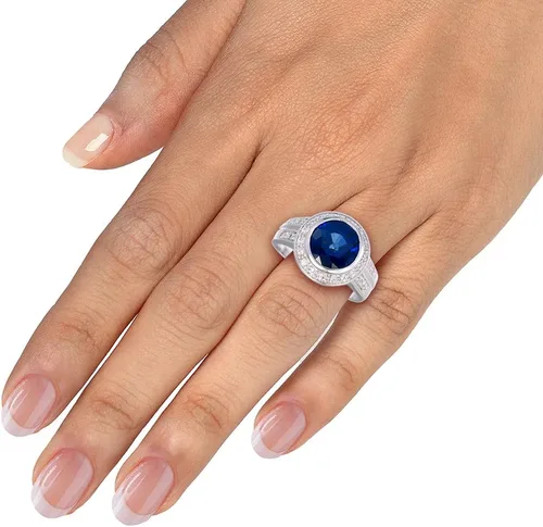 Miniatura 4 de 2 cttw Anillo de zafiro azul creado en latón con baño de rodio redondo 10 MM