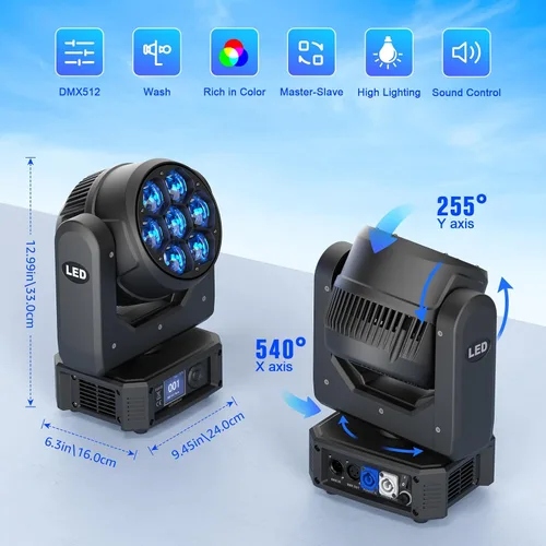 Miniatura 8 de HOLDLAMP Luces de DJ de cabeza móvil, mini 7 x 25 W, haz RGBW y luces de escenario de lavado, efecto LED 4 en 1, luz de enfoque de ojo de abeja