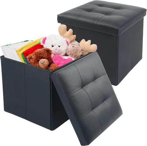 Miniatura 11 de LotFancy Otomana de almacenamiento, taburete plegable para reposapiés, banco pequeño de cuero de 13 x 12 x 12 pulgadas con almacenamiento, soporta
