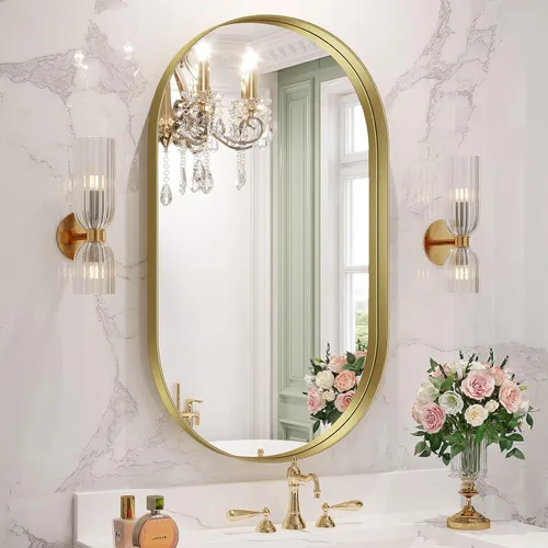 Miniatura 27 de Brightify - Espejo ovalado dorado para tocador de baño de 20x30 pulgadas, espejos de marco de metal dorado para pared, espejo moderno