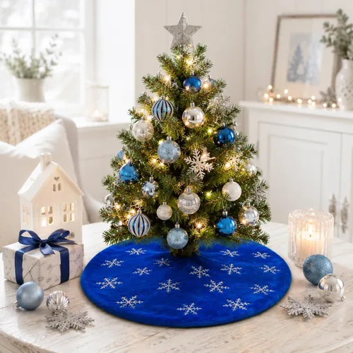 Miniatura 37 de Faldones de Felpa para Árbol de Navidad, 24 pulgadas, Lujosa Cubierta de Base de Árbol de Navidad de Piel Sintética Negra con Copos de Nieve Dorados