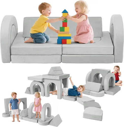 Miniatura 16 de Sofá modular de juego para niños, 13 piezas, sofá de espuma de alta densidad, muebles de sala de juegos convertibles con funda de terciopelo suave