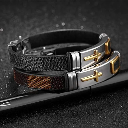 Miniatura 5 de StarLight Pulseras religiosas de cruz para hombre, acero inoxidable y cuero de silicona, para adolescentes, niños y hombres, Cuero de silicona,