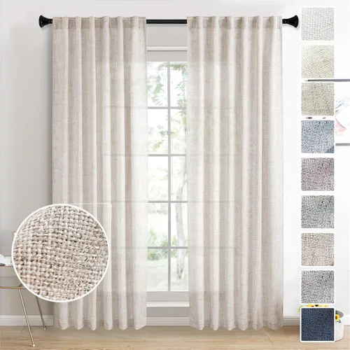 Cortinas de lino 92 pulgadas de largo, juego de 2 paneles con bolsillo para barra, lengüeta trasera, cortinas transparentes para ventanas con
