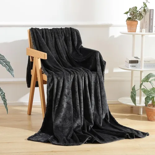 Manta de Forro Polar Negro para Sofá, Silla, Sillón, Suave, Cálida, Mullida y Acogedora para Mujeres y Hombres, 300GSM Decoración de Habitación,