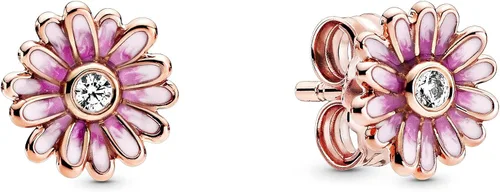 Pandora Joyería - Aretes de tuerca de flor de margarita rosa para mujer chapados en oro rosa de 14 quilates con esmalte rosa y circonita cúbica Oro