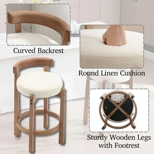 Miniatura 3 de LukeAlon Mid Century Linen Taburete Individual de Mostrador, Tapizado de 26.5" de Altura de Asiento, Taburetes Bajos con Patas de Madera Natural