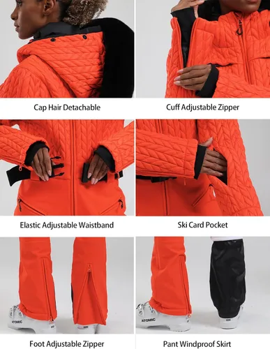Miniatura 43 de GSOU SNOW Traje de esquí para mujer, traje de nieve delgado de una pieza, chaqueta de nieve, impermeable, resistente al viento, deportes al aire