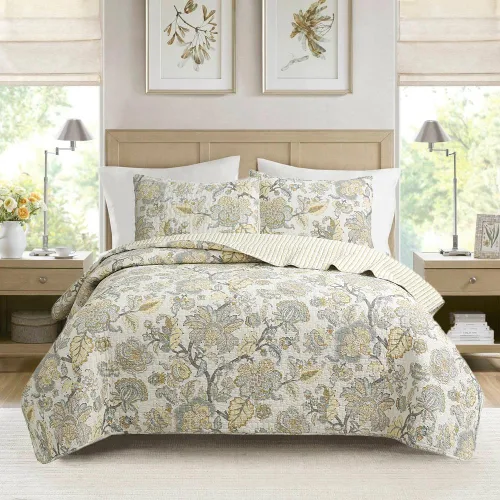 Miniatura 15 de Cozy Line Home Fashions Nina Trista Flowers - Juego de ropa de cama reversible 100% algodón con cinta azul aguamarina, estampado floral gris, colcha
