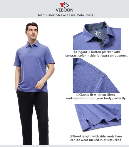 Miniatura 4 de VEBOON Men's Polo Shirts Long and Short Sleeve Cotton Blend Heather Moisture Wicking Casual Collared Shirts