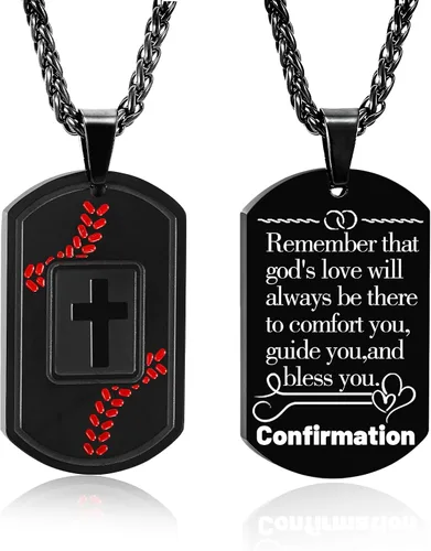 Miniatura 28 de Collar de cruz con versículo bíblico de béisbol, acero inoxidable, dije de cruz en tono negro/dorado/plateado, regalos religiosos, joyería deportiva