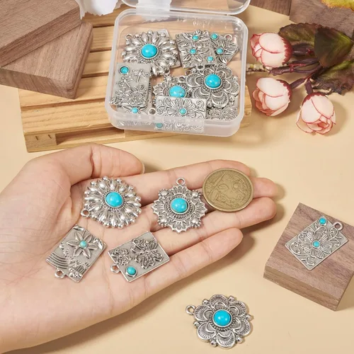 Miniatura 7 de Colgantes de estilo tibetano, dijes de piedra turquesa sintética para collar, pulsera, joyería, fabricación de artesanías, Gema, No es una piedra