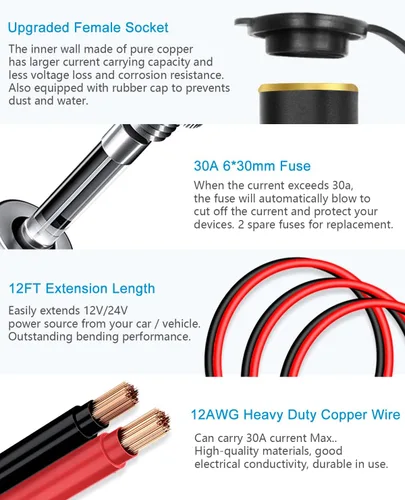 Miniatura 3 de ALITOVE Cable de extensión para encendedor de cigarrillos de 12 AWG, 12 pies, 30 A, 360 W, máximo, cable de alimentación resistente, enchufe macho a