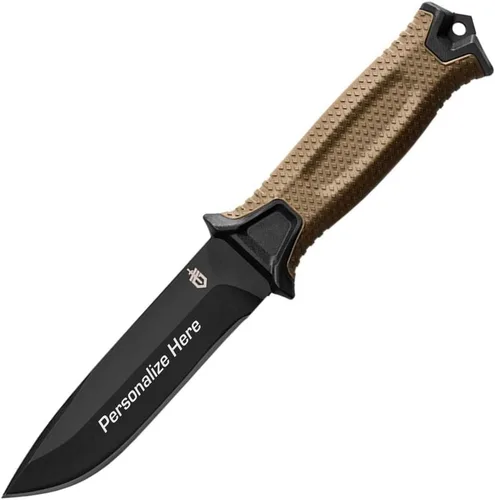 Cuchillo fijo grabado aduana de la hoja fija del borde llano del marrón del coyote de Gerber Strongarm
