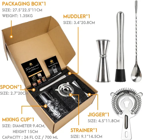 Miniatura 2 de Kit de vasos para mezclar cócteles, vidrio agitador de cristal de 24 onzas con herramientas de barra de acero inoxidable – Jigger, Muddler, colador