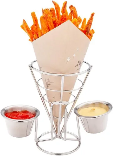 Miniatura 6 de Restaurantware Soporte para papas fritas de 4 x 5 pulgadas, 1 soporte para freír – con 2 soportes para salsas, soporte de cono de acero inoxidable