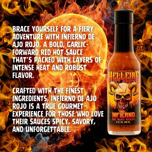 Miniatura 2 de Hellfire Hot Sauce Infierno De Ajo Rojo - Salsa picante gourmet de salsa roja con ajo y pimientos Carolina Reaper, 5 onzas