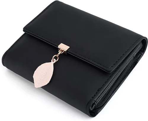 Miniatura 164 de UTO - Cartera pequeña RFID de piel sintética con dije de hoja, cierre de cremallera y tarjetero.