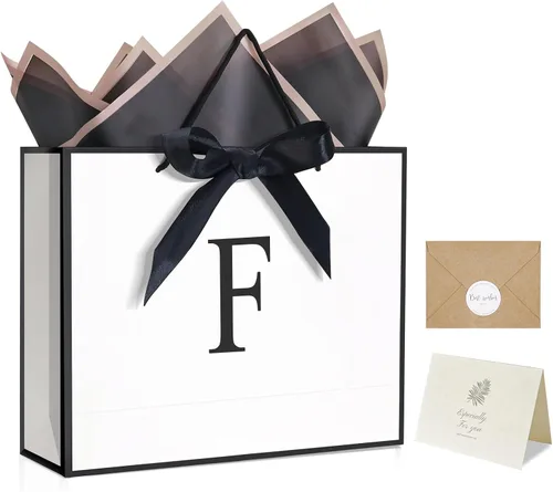 Miniatura 32 de QLSKO - Bolsa de regalo con monograma personalizada, bolsa de papel con inicial personalizada con tarjeta, sobre a juego, cinta con lazo y papel