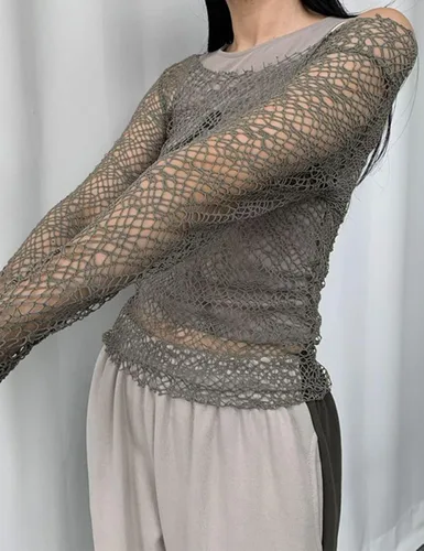 Miniatura 5 de Yeenily Camiseta de punto de ganchillo para mujer con malla de manga larga transparente