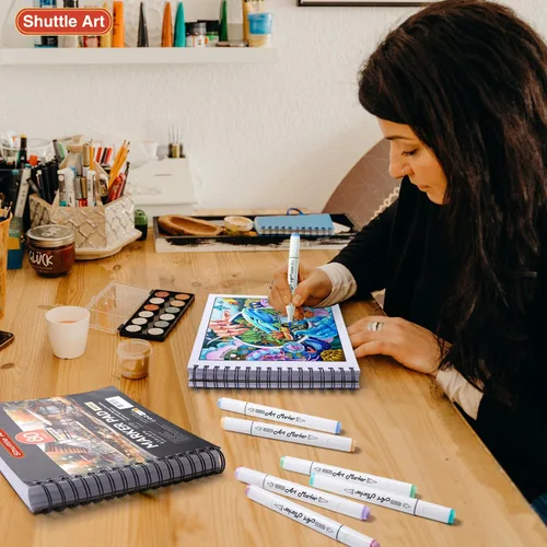 Miniatura 8 de Shuttle Art Almohadilla de Marcadores, Cuaderno de Bocetos Cuadrado Portátil de 8.3”x8.9”, 80 Hojas de Papel para Dibujo con Marcadores, Papel