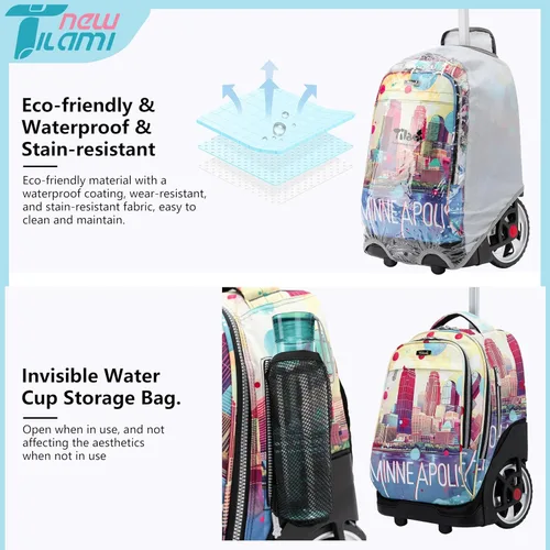 Miniatura 52 de NEW TILAMI Mochila con ruedas de 19 pulgadas con bolsa de almuerzo para niñas y niños, mochila para laptop con ruedas, bolsa de mano duradera