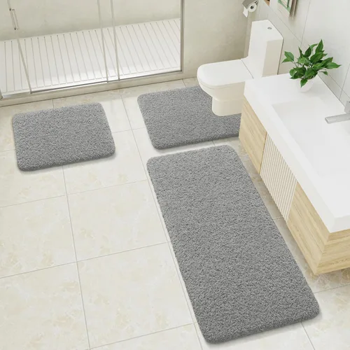 Miniatura 7 de LOCHAS Juego de alfombras de baño de 3 piezas, juego de alfombras de baño largas de microfibra antideslizantes, lavables, juego de alfombras de Gris
