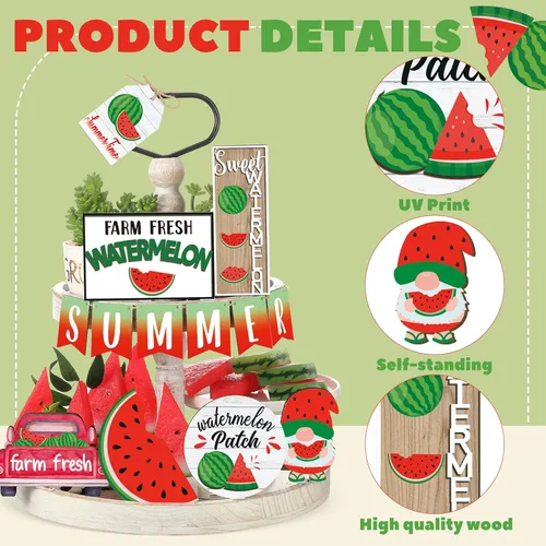 Miniatura 3 de Juego de 13 piezas de decoración de bandejas escalonadas de sandía de verano, letrero de madera de verano de madera de Hawaii, decoración de bandeja