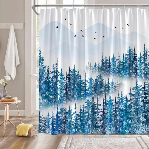 Cortina de ducha de bosque brumoso, pino, acuarela, abstracta, selva, montaña, planta azul, rústico, misterioso, paisaje, decoración de baño, juegos