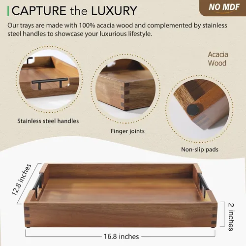 Miniatura 3 de Joy&Grace Bandeja otomana para sala de estar, bandeja grande de madera de acacia con asas para mesa de café, desayuno en la cama, cena de comida