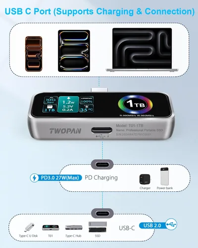 Miniatura 4 de TWOPAN - SSD portátil magnético para iPhone para grabación de video ProRes 4K 60fps, 1TB de almacenamiento externo super para iPhone 17/16 Pro/Pro