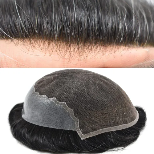 Miniatura 48 de Toupee para hombres, sistema de reemplazo de cabello humano Remy, nudos blanqueados, encaje frontal, piel fina, para hombre, color gris, pelucas