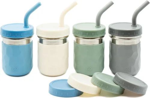 WeeSprout Vasos 2 en 1 para niños, vaso de acero inoxidable duradero para batidos, pajitas de silicona con tapones, tapas giratorias de plástico de