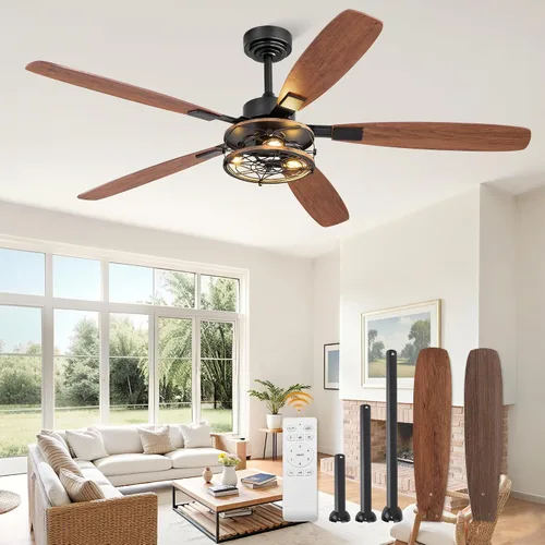 Miniatura 11 de Fanbulous - Ventilador de techo de granja con luz y control remoto, ventiladores de techo industriales enjaulados con motor reversible de 6 Negro