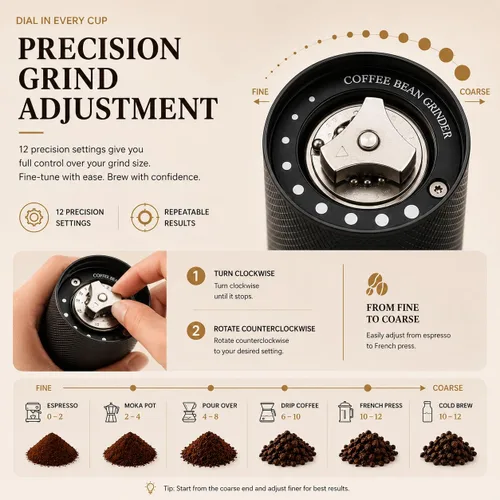 Miniatura 5 de Molinillo de café manual, molinillo de café de rebabas ajustable con contenedor completo de aluminio, molinillo de grano de café de mano